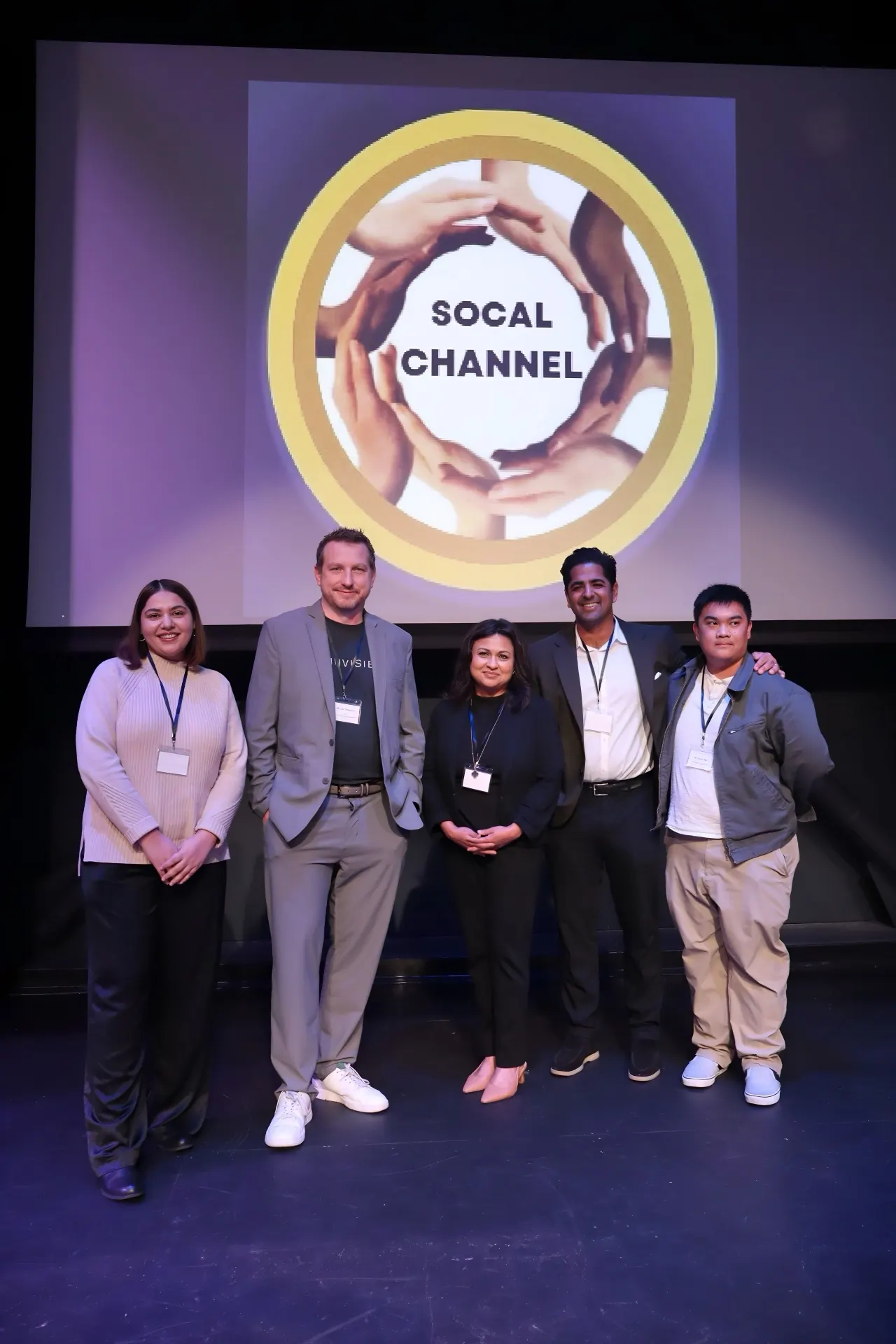 A 2026 finalist team on stage with their venture, SoCal Channel.